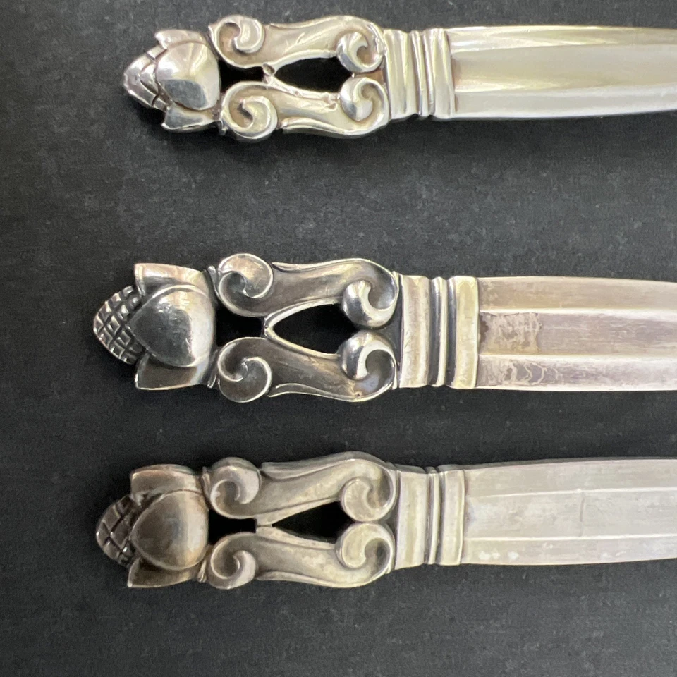 Juego de 2 cucharas y 1 tenedor Georg Jensen Dinamarca plata esterlina patrón bellota 77,6 g Foto 3 de 4