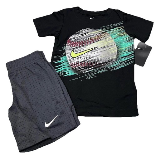 NWT NIKE BOY'S 2 PC SET BASEBALL GRAPHIC SHORT SLEEVE & DRI-FIT SHORTS BLACK 4