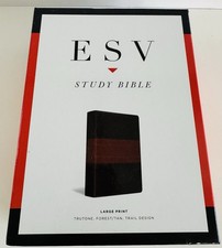ESV Study Bible: LARGE PRINT W/Box Forest/Tan Trail Design Tru Tone NEW