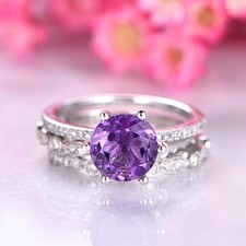 Natural Round Cut Amethyst 925 Sterling Silver Ring 2 Band 3Pc Set For Women