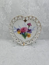 Vintage Porcelain Heart Hand Painted Bouquet of Flowers Green Leaves Wall Decor