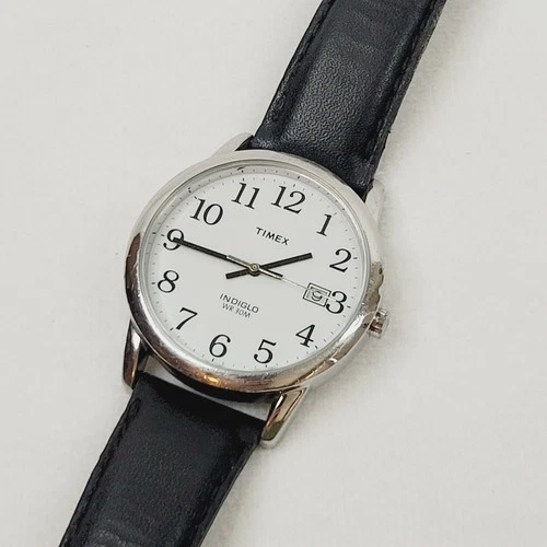 Vintage Timex Indiglo Mens Watch Silver Tone Leather Band Working Date Window
