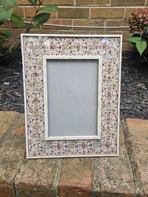 Vtg Handmade ELSAL Picture Frame Metal With Jeweled Fabric 4'' X 6''