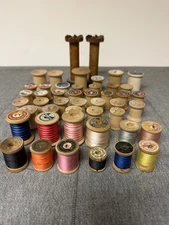 Vintage Lot of Old Wooden Sewing Thread Spools W/Thread & Empty Spools 47