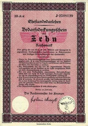 Marriage loan - demand coverage certificate, Berlin, 1933 (10 RM) - unpunched!