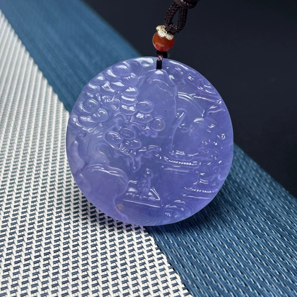 Colgante y collar de paisaje de jadeíta púrpura hielo alto natural perfecto real Foto 4 de 4