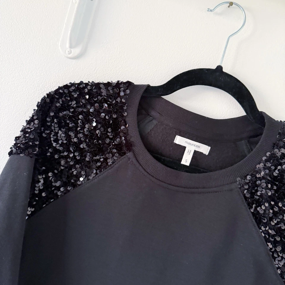 Maurices Women Sz Small Black Sequin Shoulder Pullover Sweatshirt W/ Side Spilt - Image 3 of 4