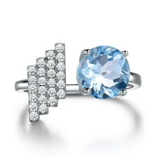 Fashionable Round Cut Blue Aquamarine Women's Unique Excellent Ring In 935