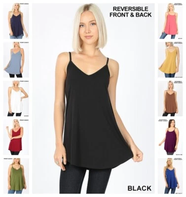 ZENANA Reversible Scoop n V neck Tunic Tank Top Cami Flowy Rayon REG N PLUS S-3X - Image 1 of 4