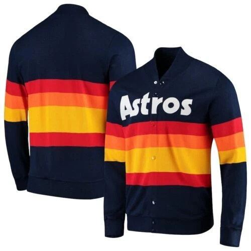Mens Houston ASTROS Rainbow Strip New Fleece Blue Jacket Sweater New