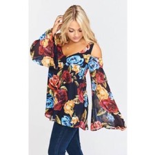 Show ME Your Mumu XS Floral Sheer Long Bell Sleeve Off Shoulder Boo Tunic Dress