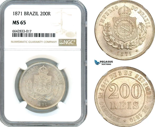 AJ226, Brazil, Pedro II, 200 Reis 1871, NGC MS65