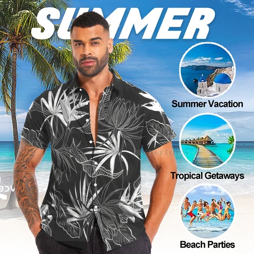 Hawaiianisches Hemd Herren Kokosnussbaum Druck Strand Urlaub Aloha Party kubanischer Kragen - Bild 27 von 48