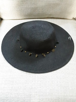  Womens BRONER HAT Black Paper Straw w Queen Elizabeth the 2nd Medallions  