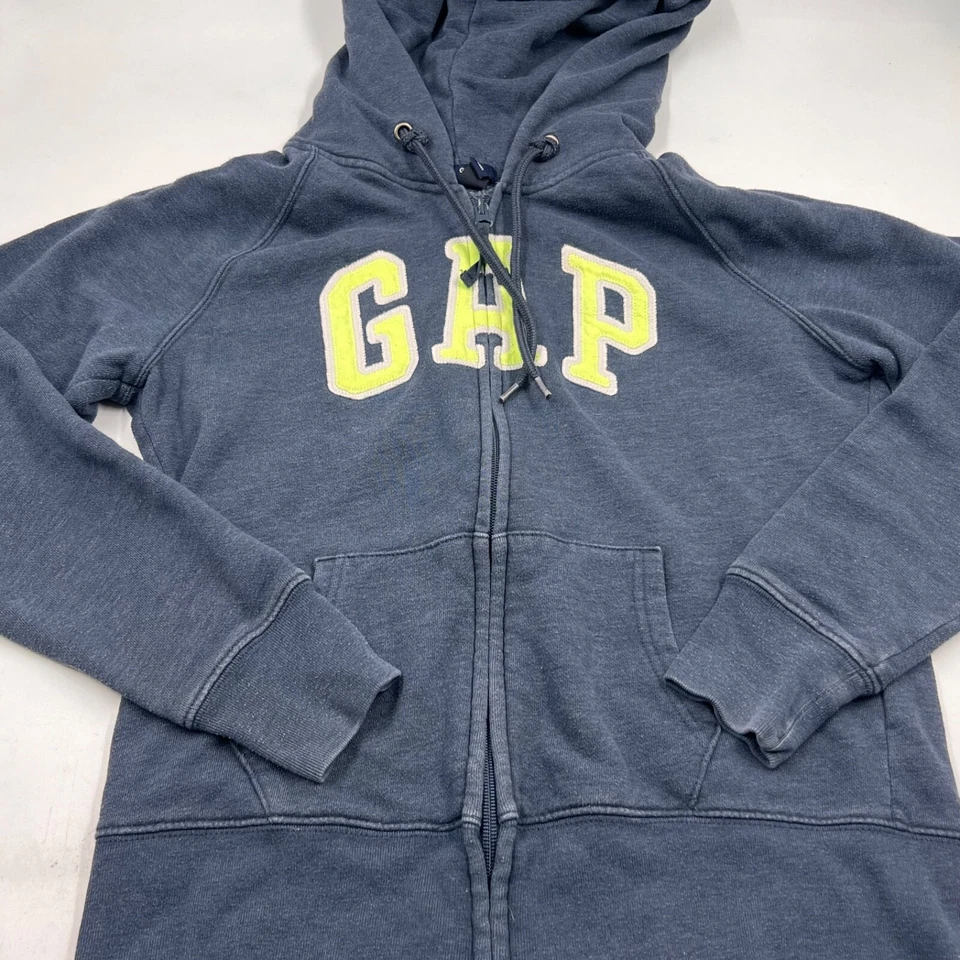 Sudadera con capucha y cremallera completa Gap para mujer talla M azul amarillo algodón elástico Foto 2 de 4