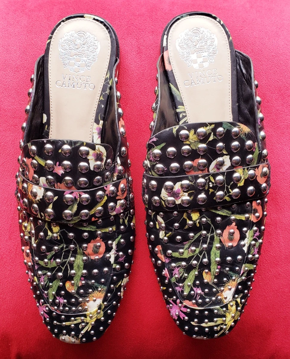 VINCE CAMUTO BLACK FLORAL PRINT SILVER STUDS WHIMSICAL BOHO MULES