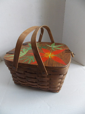 85' Large Vintage LONGABERGER  Picnic Basket Handwoven handpainted w ith flowers