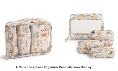 4 pc A Cat's Life Organizer Cosmetic Bag Vera Bradley Travel NWT CATS