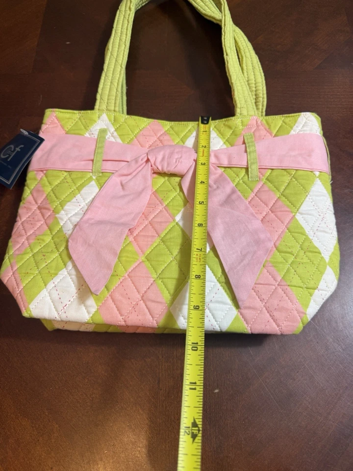 C&F Quilted Tote Bag Pink Green Argyle Bow Preppy Cottagecore Purse - Image 4 of 4