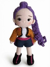 Handmade Crocheted Amigurumi Doll Purple Hair Brown Jacket Blue Skirt Boots