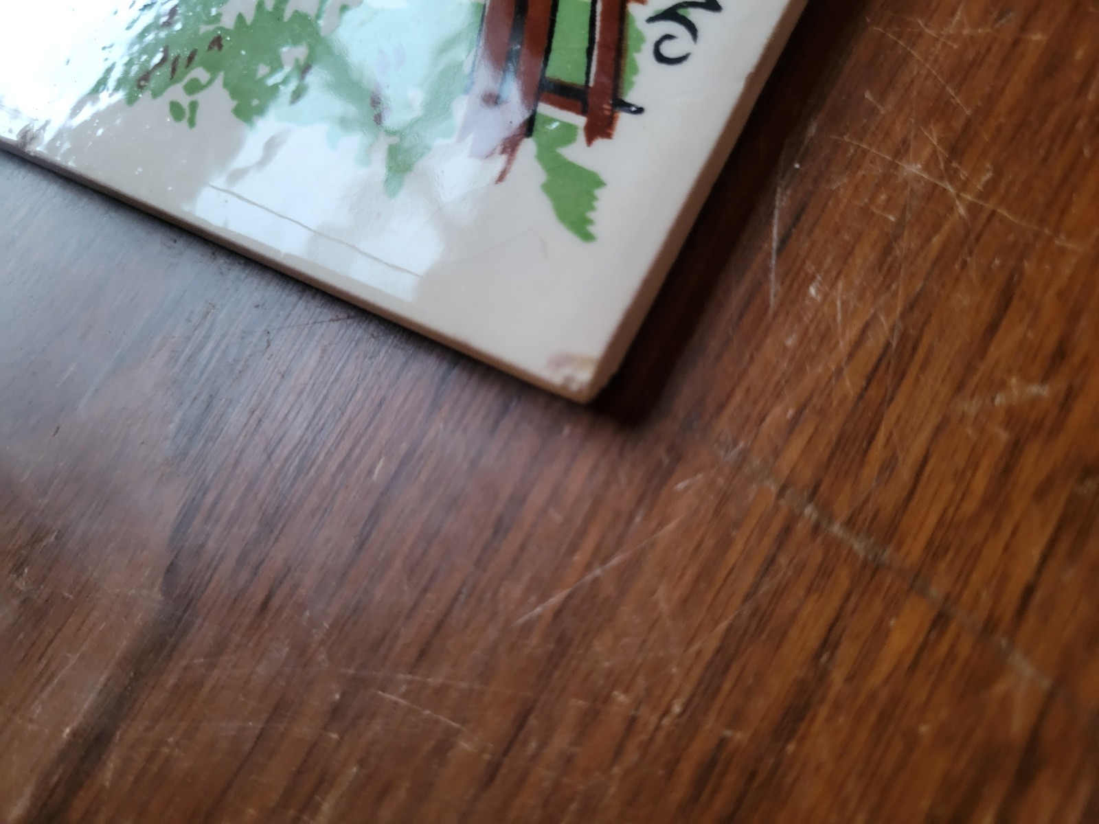 Vintage Mosaic Tile Trivet Covered Bridge on River on beige 6"x6"