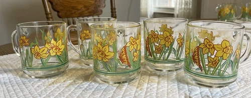 Set of Five Vintage Carlton 1984 Daffodils & Butterflies Glass Coffee Mugs