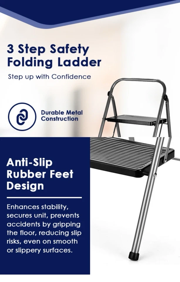 3 Step Ladder Folding Step Stool Anti-Slip with Wide Pedal Handrai 330LB Grey - Image 4 of 4