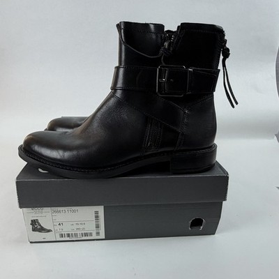 ECCO Sartorelle Leather Moto Ankle Boots EU 41 US 10 Black Buckle Zip Low Heel