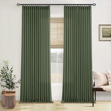 Olive Green Linen Pinch Pleated Curtains 84 Inches Long 2 Panels for Living R...