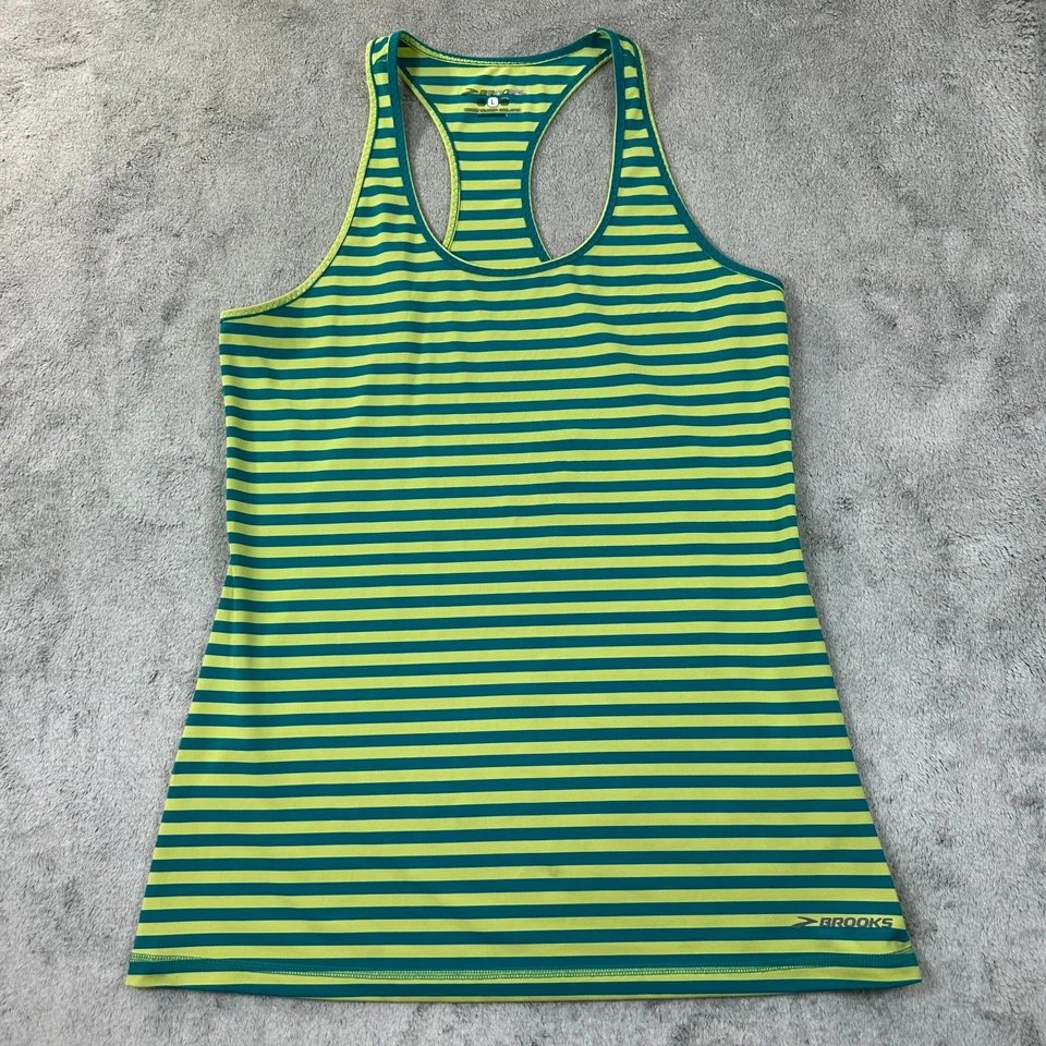 Brooks Running Tank Top Women’s L Green Blue Stripe Racerback DriLayer - Image 2 of 4