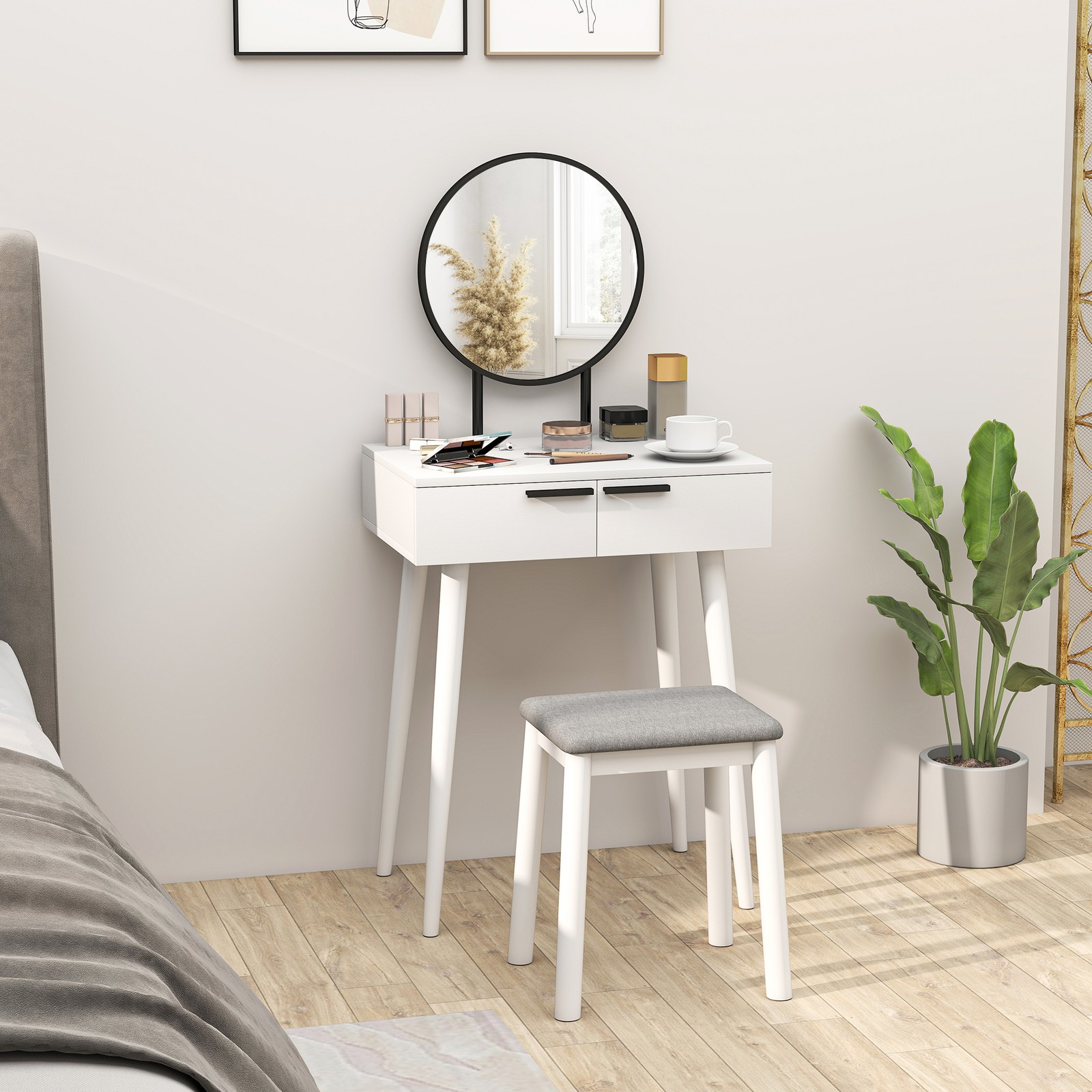 HOMCOM Dressing Table Set with Mirror and Stool, Vanity Makeup Table with 3 Drawers and Open Shelves for Bedroom, Living Room, Grey 25 HOMCOM Dressing Table Vanity Set Make Up Desk with Mirror & Stool Refurbished