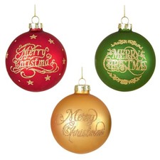 Set of 3 Luxury 80mm Glass Christmas Tree Baubles - Coloured "Merry Christmas"