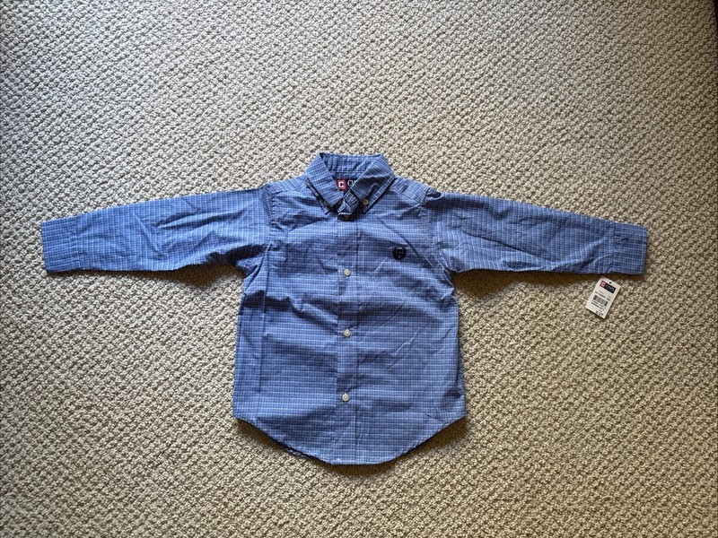 CHAPS New Boys Size 3/3T Blue Checked Long Sleeve Button Down Dress Shirt NWT