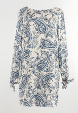 Women’s SZ 4 H&M Blue & White Paisley Midi Dress Long Sleeve Bow Cuff Boho Chic