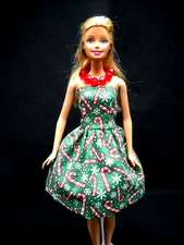Christmas Green with Candy Canes Dress and Necklace Fits Barbie Doll Handmade *