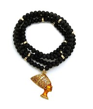 New Egyptian Nefertiti Pendant 30" Wooden Bead Chain Hip Hop Necklaces