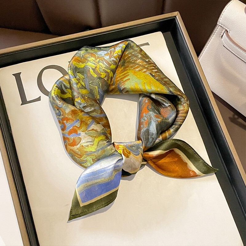 Vintage Silk Scarf 53cm Floral Oil Painting Print Hair Neck Wrap Kerchief  