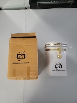 The Coffee Beanery White Ceramic Canister w/ Gold Bail Lid/NEW/ W/Box 