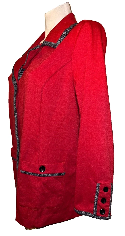 Chaqueta DRAPERS & DAMONS Talla L Grande Roja con Negro Gris Borde Botón Tejido Cárdigan Foto 4 de 4