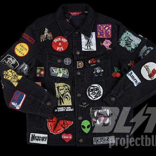 SS18 SUPREME PATCHES DENIM TRUCKER JACKET BLACK SIZE M SS18 SUPREME PATCHES DENIM TRUCKER JACKET BLACK SIZE M