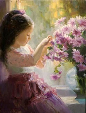Oil painting portrait lovely nice little girl with flowers free shipping for all