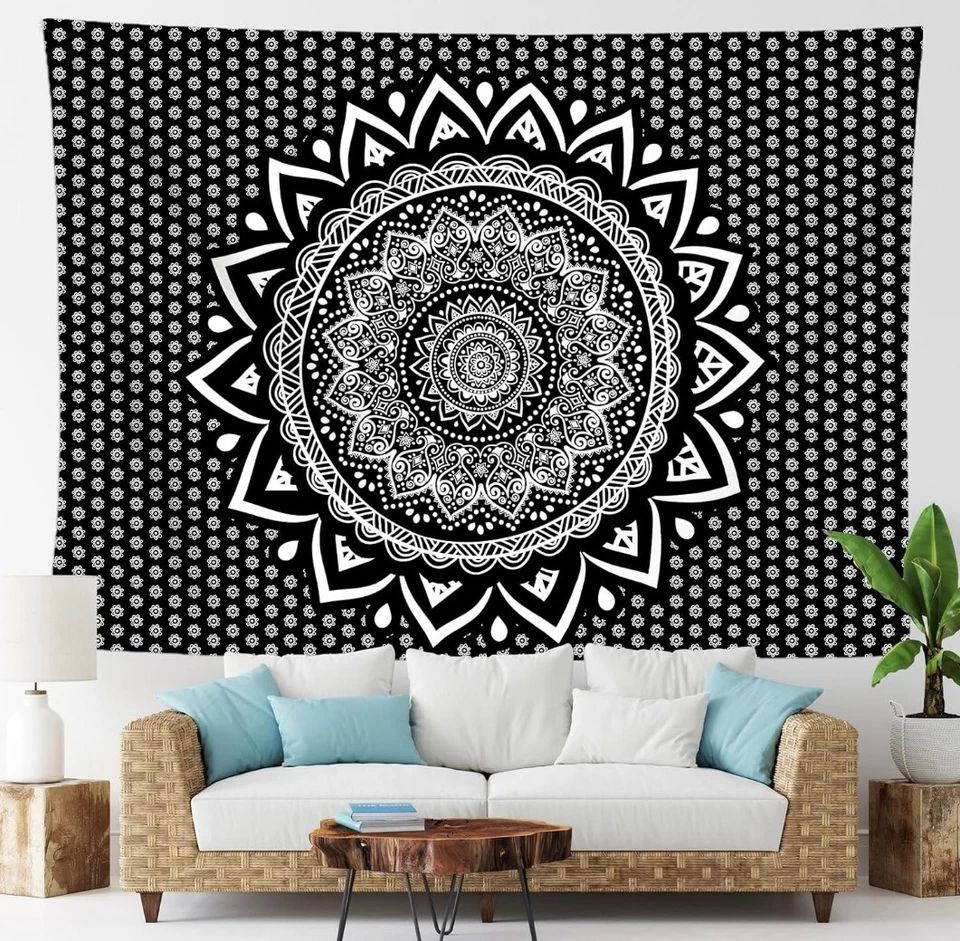 Гобелен настенный мандала богемное черно-белый 59L X 39W индийский индуистский - Изображение 2 из 3
