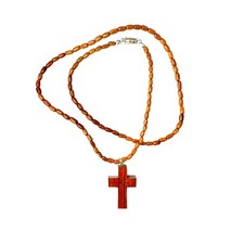 Hawaiian Jewelry Large Koa Wood Cross Pendant with Koa Wood Rice Bead Necklace