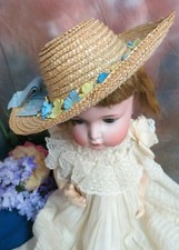 Vintage 1950s Straw Doll Hat wide Brim deep crown Blue Ribbon 10" w Fit 20-24