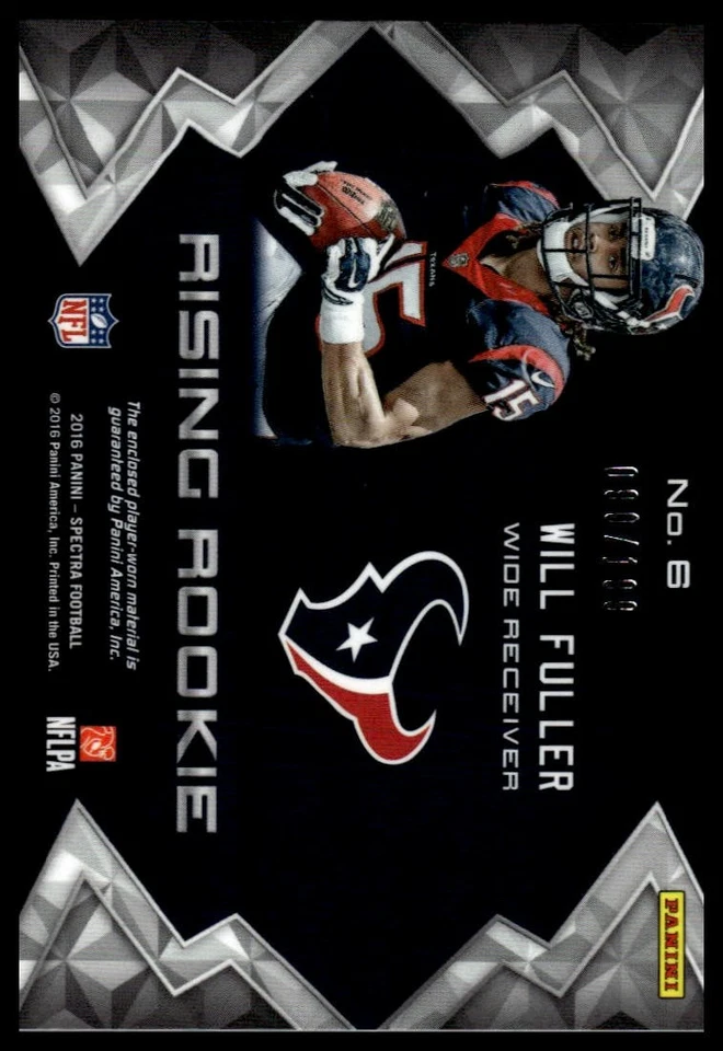 2016 Panini Spectra Will Fuller #6 Rising Rookie Materials 90/199 - Image 2 of 2