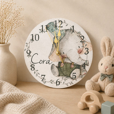 Personalisierte Kinder Vintage Elefant Schlafzimmer Wanduhr, Hase Deko, Mädchen Geschenk