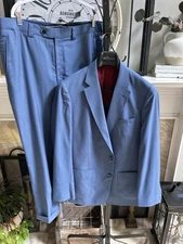 Q. CLOTHIER men's made to measure Holland Sherry 170's blue suit flat front 44R