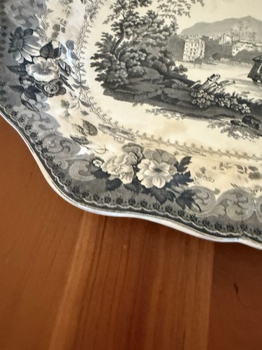 Early Victorian T. & J. Mayer Geneva Black Transferware Platter 17” England - Picture 8 of 18