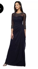 Alex Evenings Embellished Chiffon Evening Gown Dark Navy Size 12