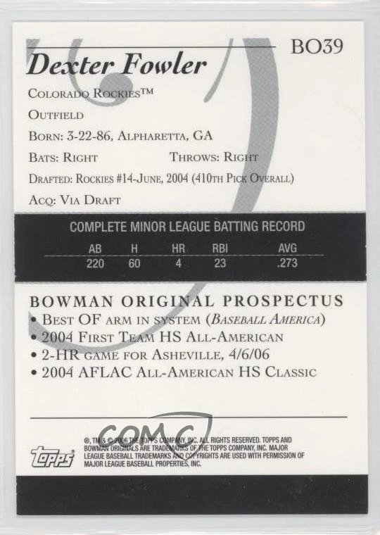2006 Bowman Originals Prospects Dexter Fowler #BO39 - Image 2 of 2